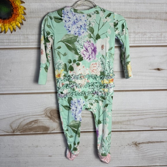 Posh Peanut Baby Girl Bamboo Floral Ruffle Footie Pajamas 3-6 Months - Picture 2 of 5